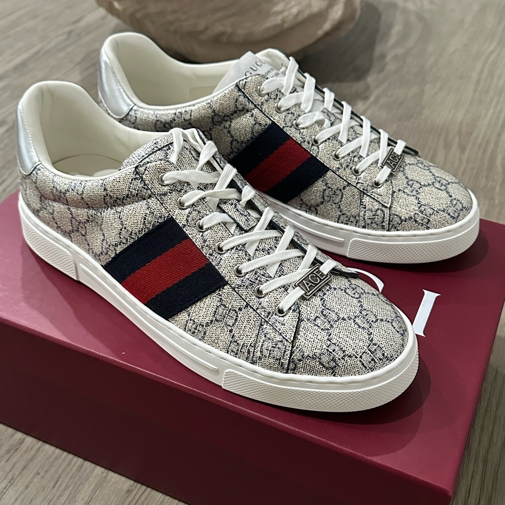 Gucci Men's Patterned Sneakers with Red and Blue Accents